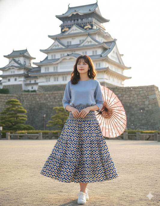 Blue Mustard Geometric Hand Block Printed Cotton Maxi Skirt – Tiered Boho Elastic Waist Summer Skirt