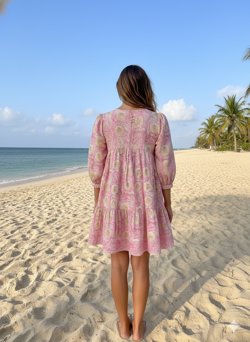 Blush Pink Floral Hand Block Printed Cotton Midi Dress – Boho Indian Dress