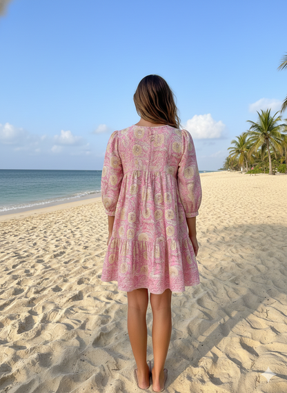 Blush Pink Floral Hand Block Printed Cotton Midi Dress – Boho Indian Dress