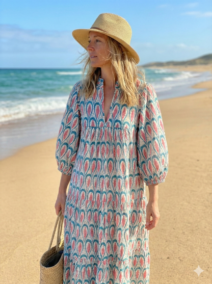 Teal Block Print Cotton Puff Sleeve Tiered Dress