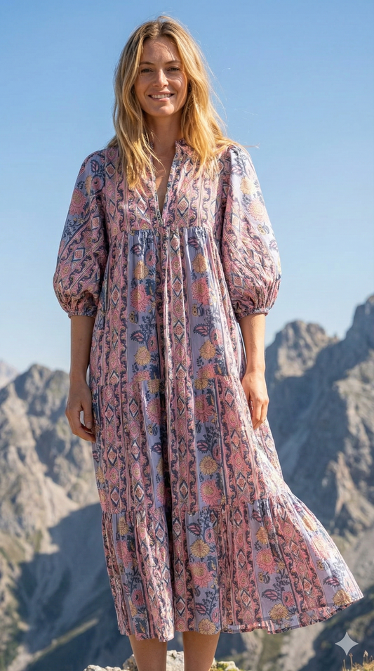 Dusty Blue Pink Block Print Cotton Maxi Dress – Puff Sleeve Boho Tiered Dress
