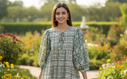 Sage Green Floral Check Hand Block Printed Cotton Mini Dress – Puff Sleeve Boho Indian Dress