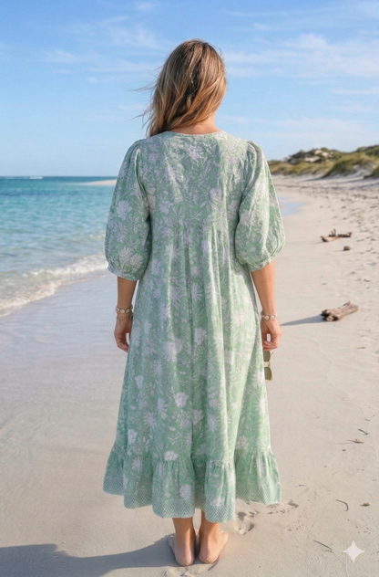 Mint Green Floral Hand Block Print Cotton Maxi Dress – Boho Tiered Summer Style