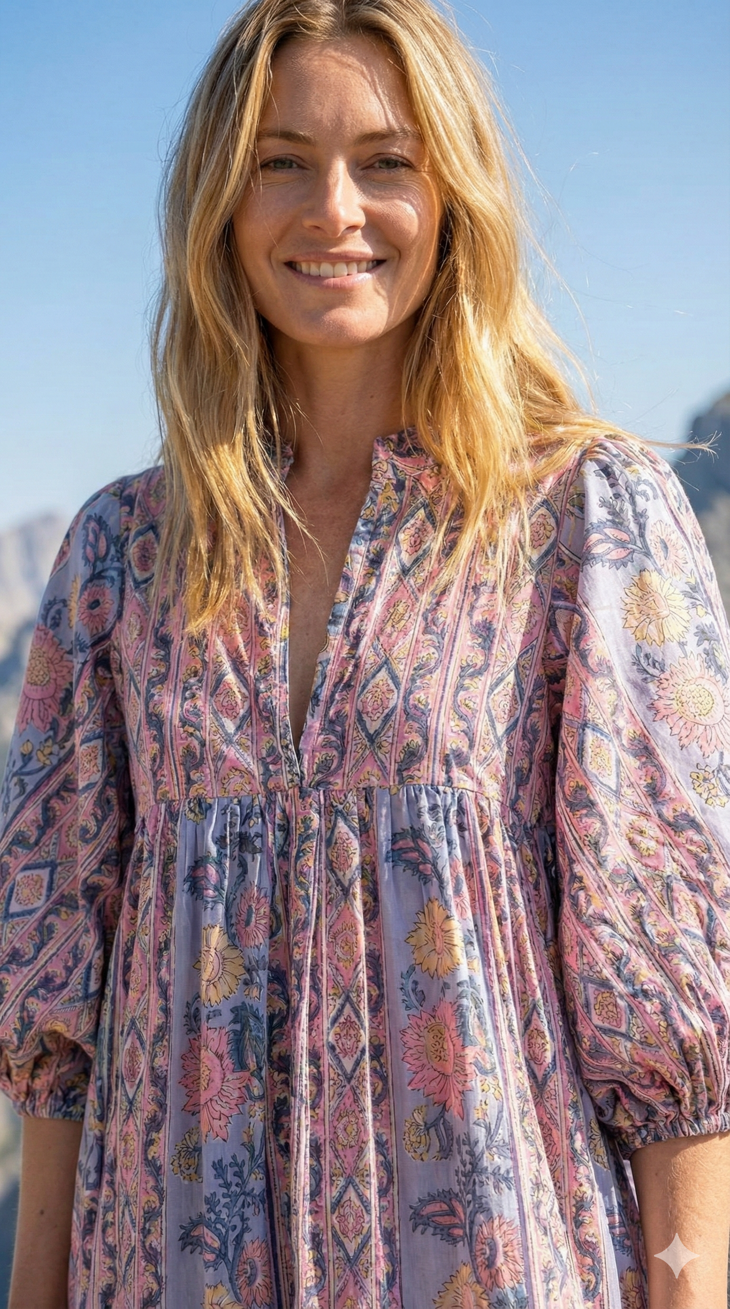 Dusty Blue Pink Block Print Cotton Maxi Dress – Puff Sleeve Boho Tiered Dress