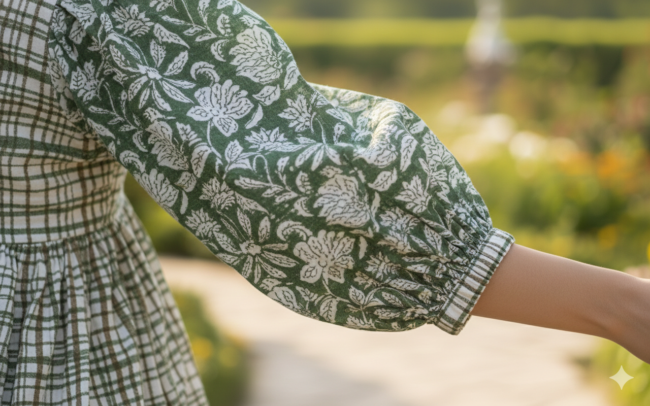 Sage Green Floral Check Hand Block Printed Cotton Mini Dress – Puff Sleeve Boho Indian Dress