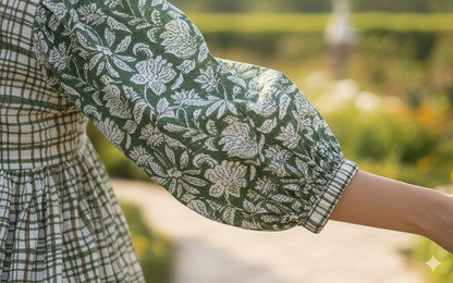 Sage Green Floral Check Hand Block Printed Cotton Mini Dress – Puff Sleeve Boho Indian Dress