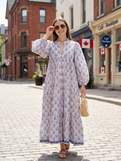 Cream Blue Floral Hand Block Print Cotton Maxi Dress – Puff Sleeve Tiered Summer Dress