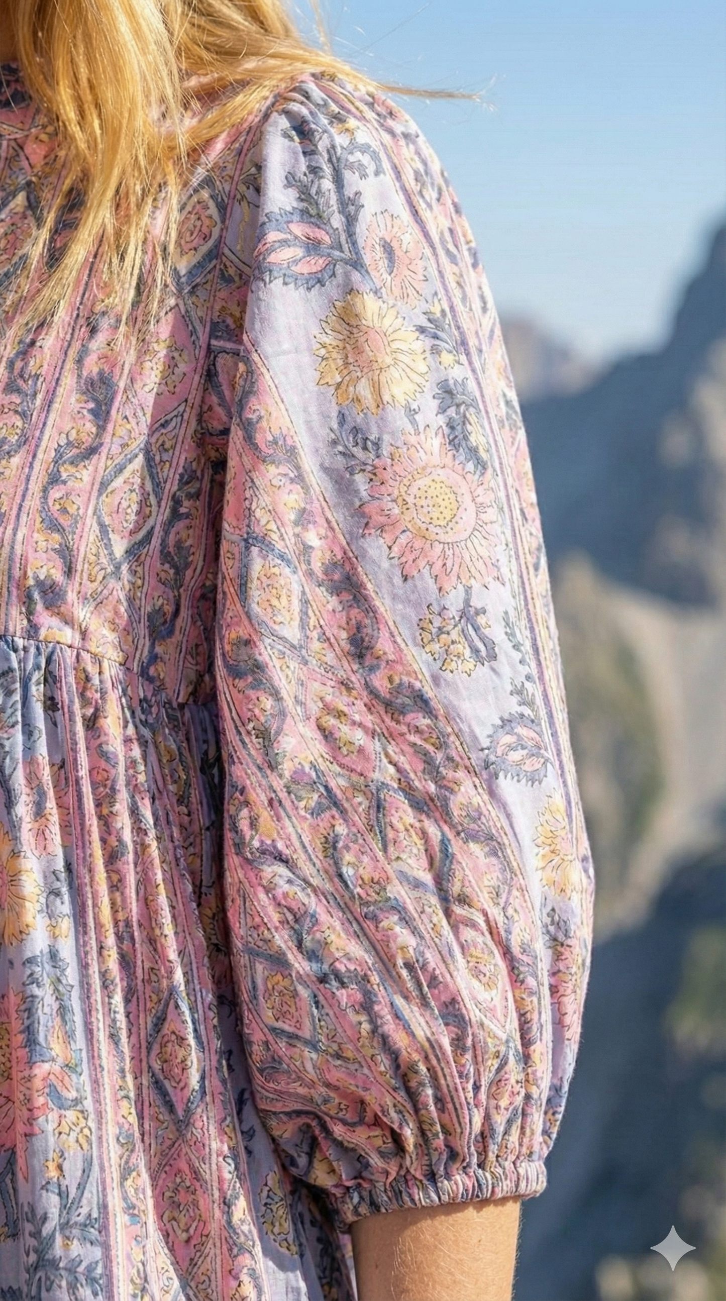 Dusty Blue Pink Block Print Cotton Maxi Dress – Puff Sleeve Boho Tiered Dress