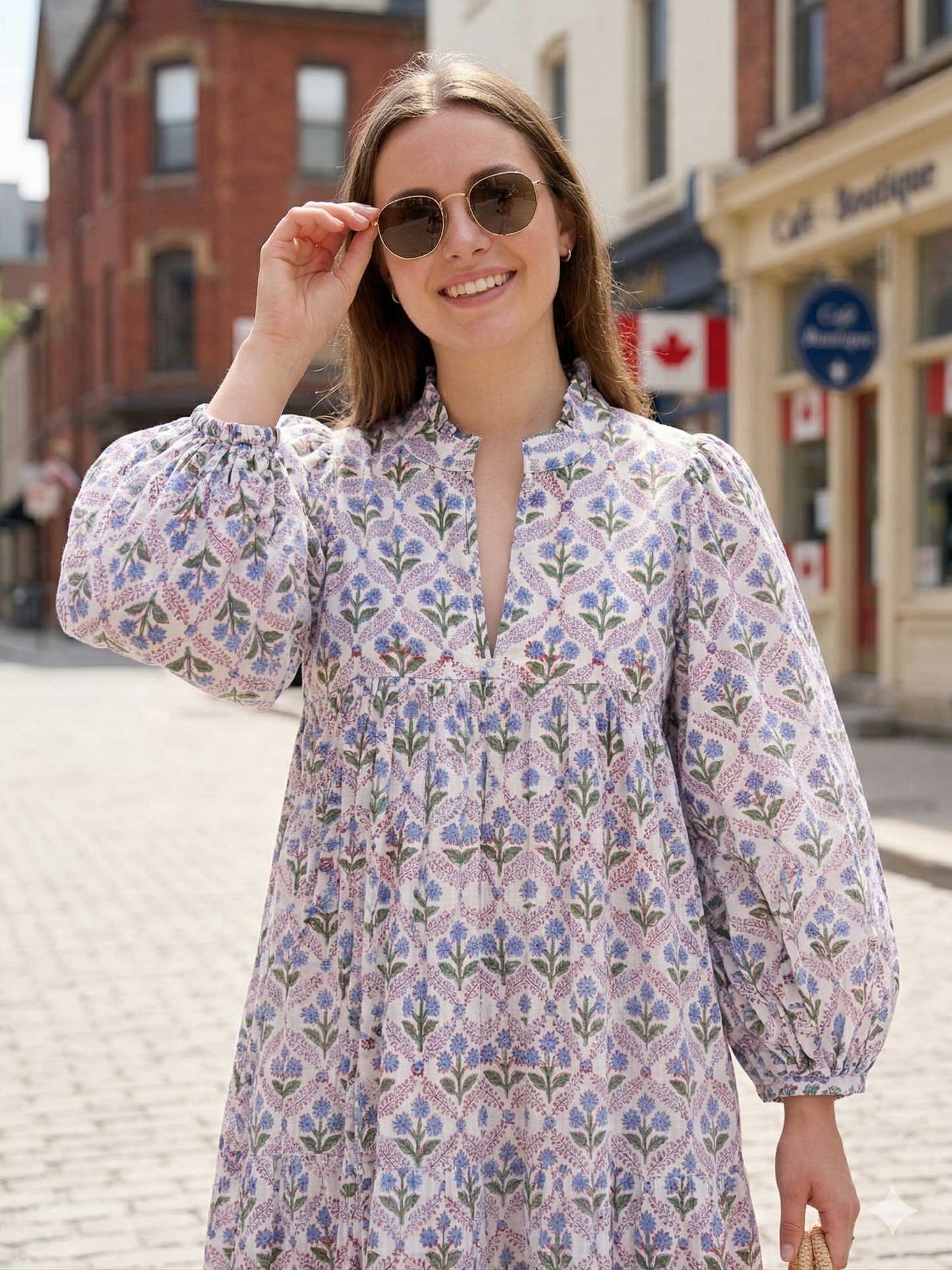 Cream Blue Floral Hand Block Print Cotton Maxi Dress – Puff Sleeve Tiered Summer Dress
