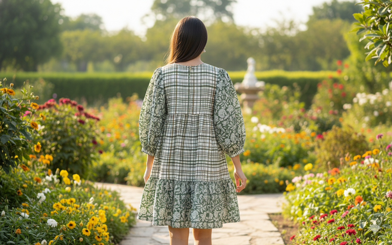 Sage Green Floral Check Hand Block Printed Cotton Mini Dress – Puff Sleeve Boho Indian Dress