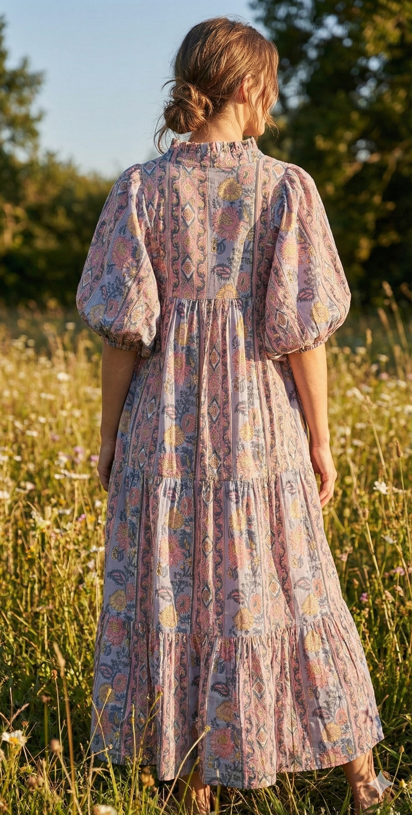 Dusty Blue Pink Block Print Cotton Maxi Dress – Puff Sleeve Boho Tiered Dress
