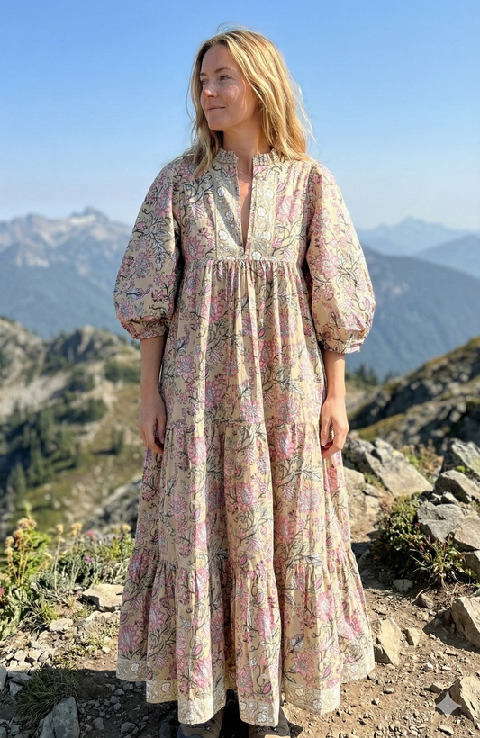Beige Pink Floral Hand Block Printed Cotton Maxi Dress – Indian Boho Tiered Long Dress