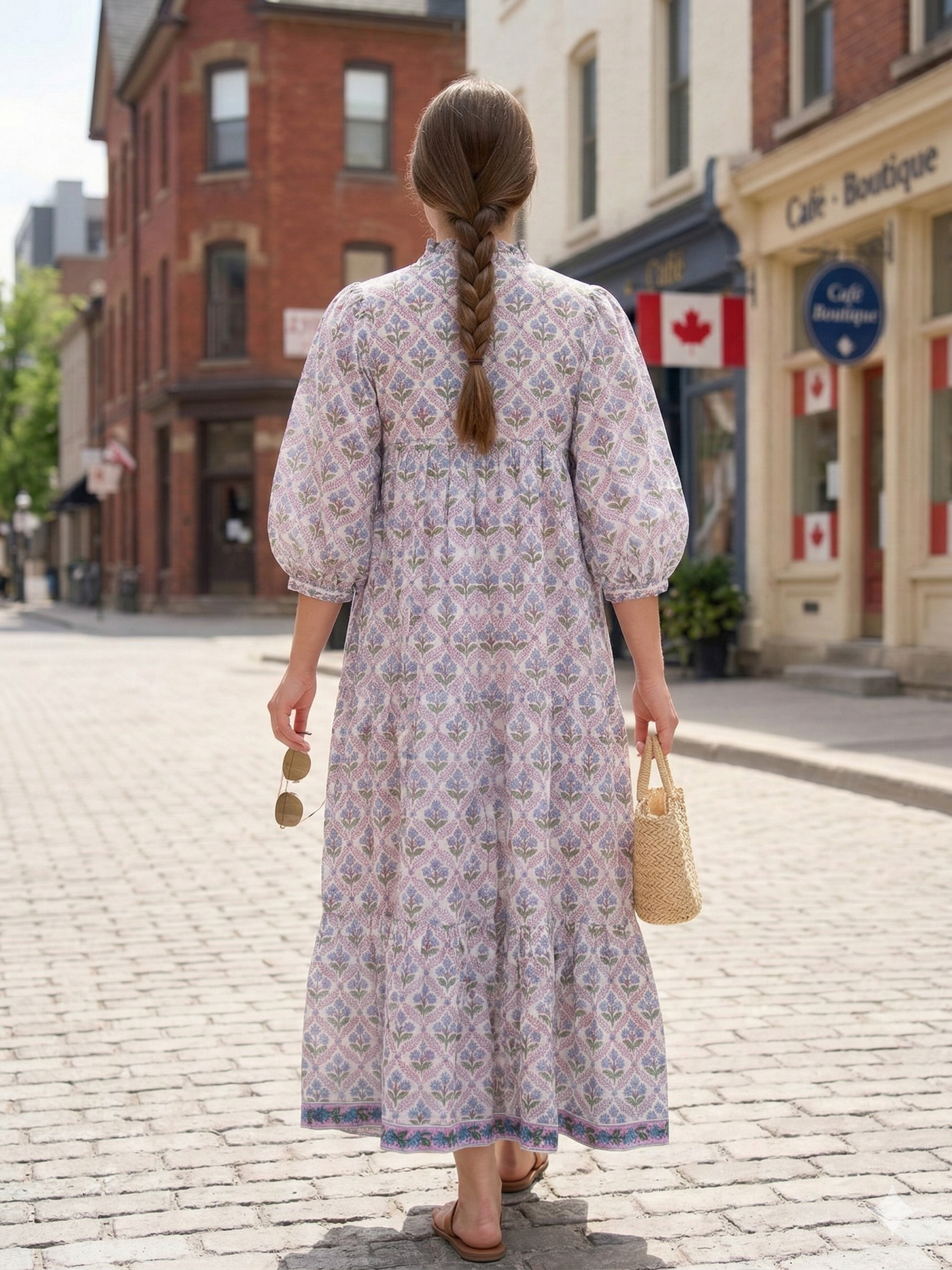 Cream Blue Floral Hand Block Print Cotton Maxi Dress – Puff Sleeve Tiered Summer Dress