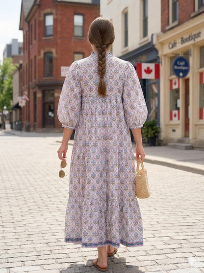 Cream Blue Floral Hand Block Print Cotton Maxi Dress – Puff Sleeve Tiered Summer Dress