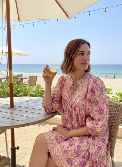 Peach Purple Floral Hand Block Printed Cotton Mini Dress – Puff Sleeve Boho Indian Dress