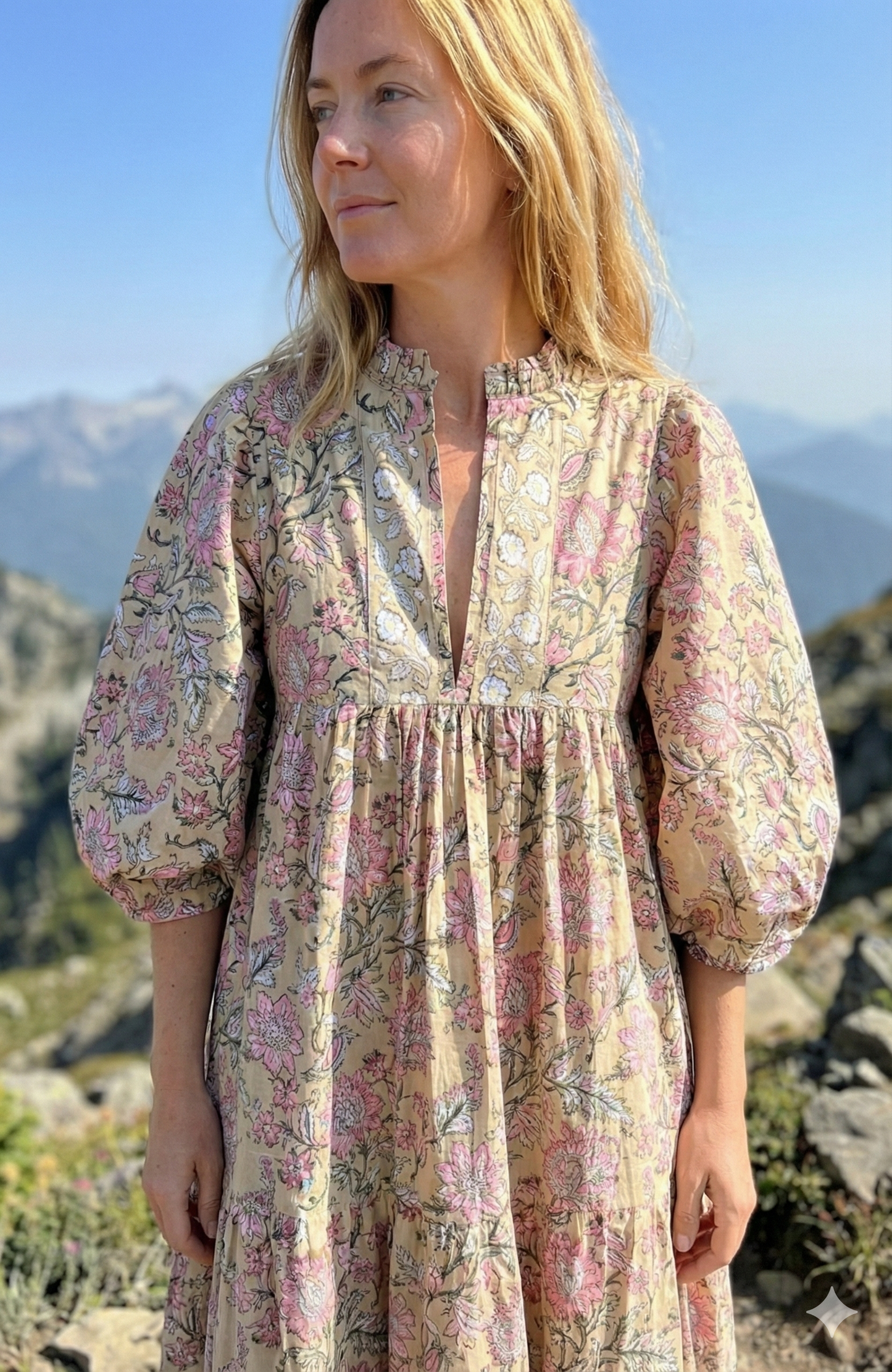 Beige Pink Floral Hand Block Printed Cotton Maxi Dress – Indian Boho Tiered Long Dress