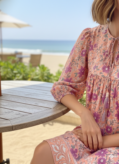 Peach Purple Floral Hand Block Printed Cotton Mini Dress – Puff Sleeve Boho Indian Dress