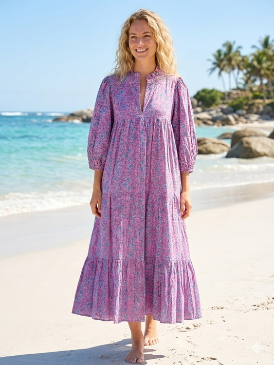 Rose Pink Blue Floral Hand Block Print Cotton Maxi Dress – Boho Tiered Summer Style