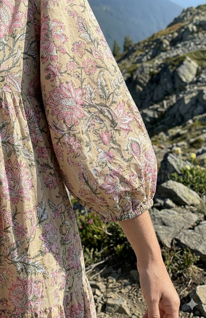 Beige Pink Floral Hand Block Printed Cotton Maxi Dress – Indian Boho Tiered Long Dress