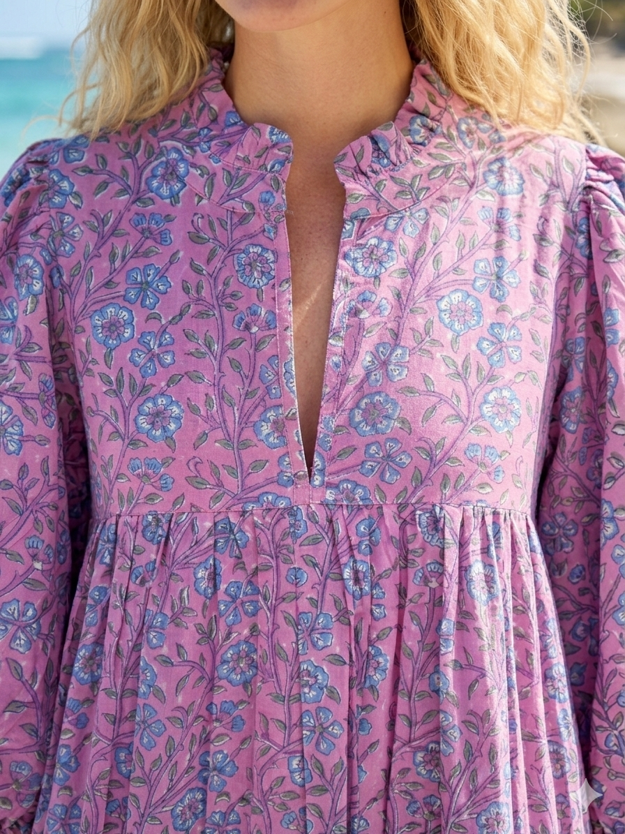 Rose Pink Blue Floral Hand Block Print Cotton Maxi Dress – Boho Tiered Summer Style