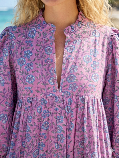 Rose Pink Blue Floral Hand Block Print Cotton Maxi Dress – Boho Tiered Summer Style