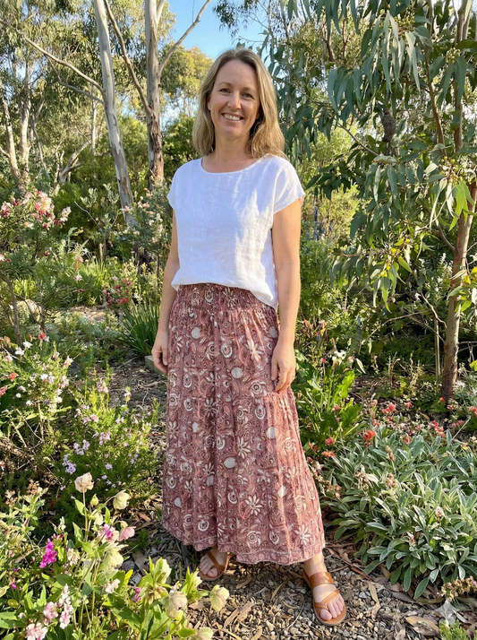 Brown Floral Block Print Cotton Smocked Dress – Handcrafted Boho Midi Sundress – Free Shipping