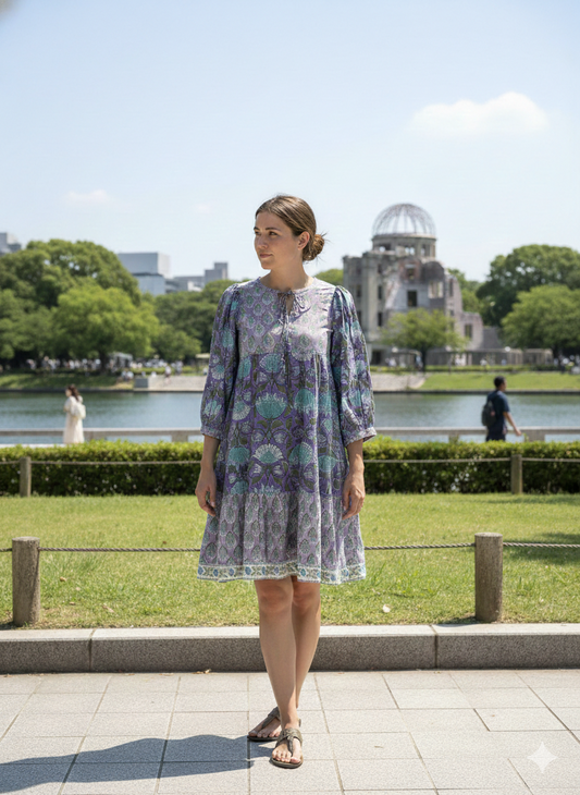 Lavender Purple Floral Hand Block Printed Cotton Mini Dress – Puff Sleeve Boho Indian Dress
