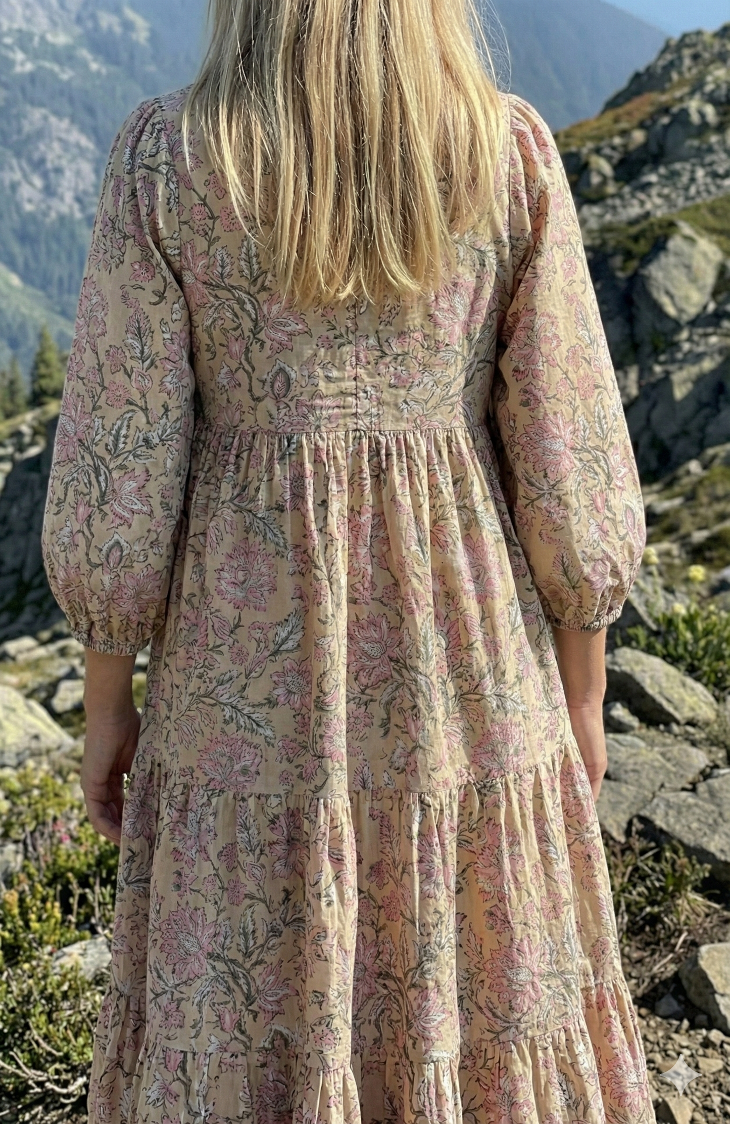 Beige Pink Floral Hand Block Printed Cotton Maxi Dress – Indian Boho Tiered Long Dress