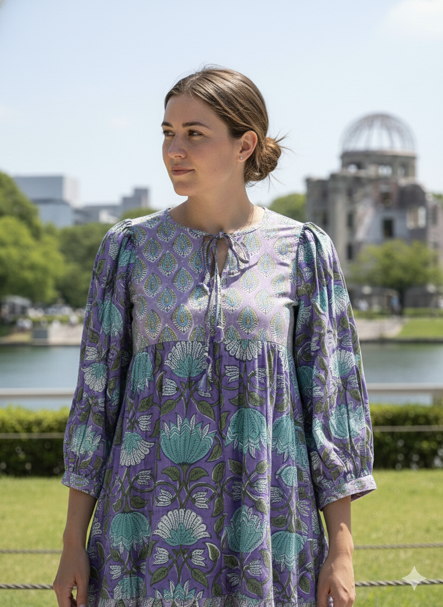 Lavender Purple Floral Hand Block Printed Cotton Mini Dress – Puff Sleeve Boho Indian Dress