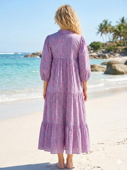Rose Pink Blue Floral Hand Block Print Cotton Maxi Dress – Boho Tiered Summer Style