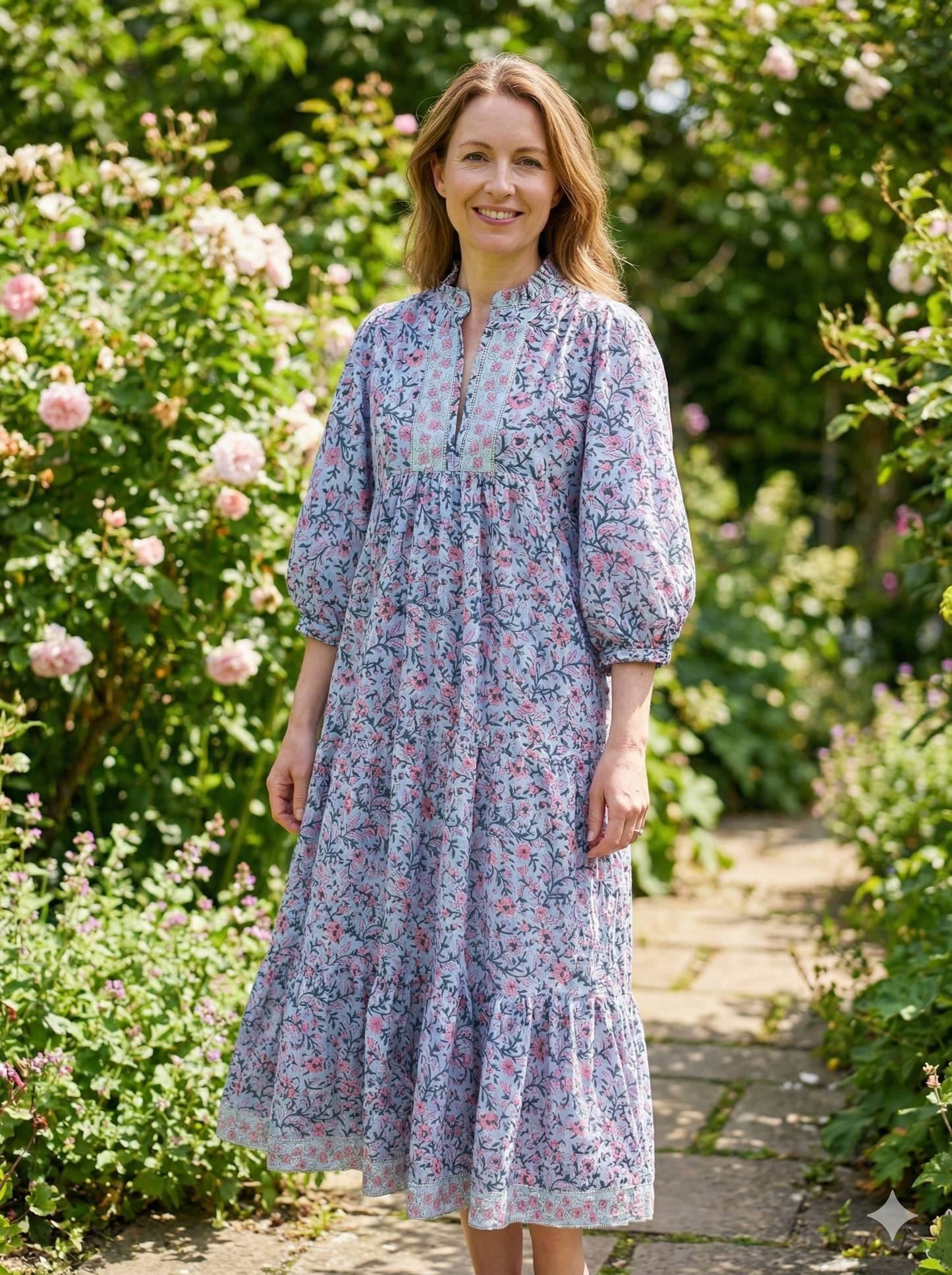 Grey Blue Pink Floral Hand Block Printed Cotton Maxi Dress – Indian Boho Tiered Long Dress