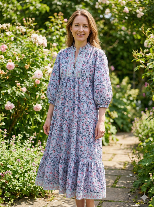 Grey Blue Pink Floral Hand Block Printed Cotton Maxi Dress – Indian Boho Tiered Long Dress