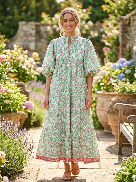 Green Coral Floral Hand Block Print Cotton Maxi Dress – Boho Puff Sleeve Tiered Summer