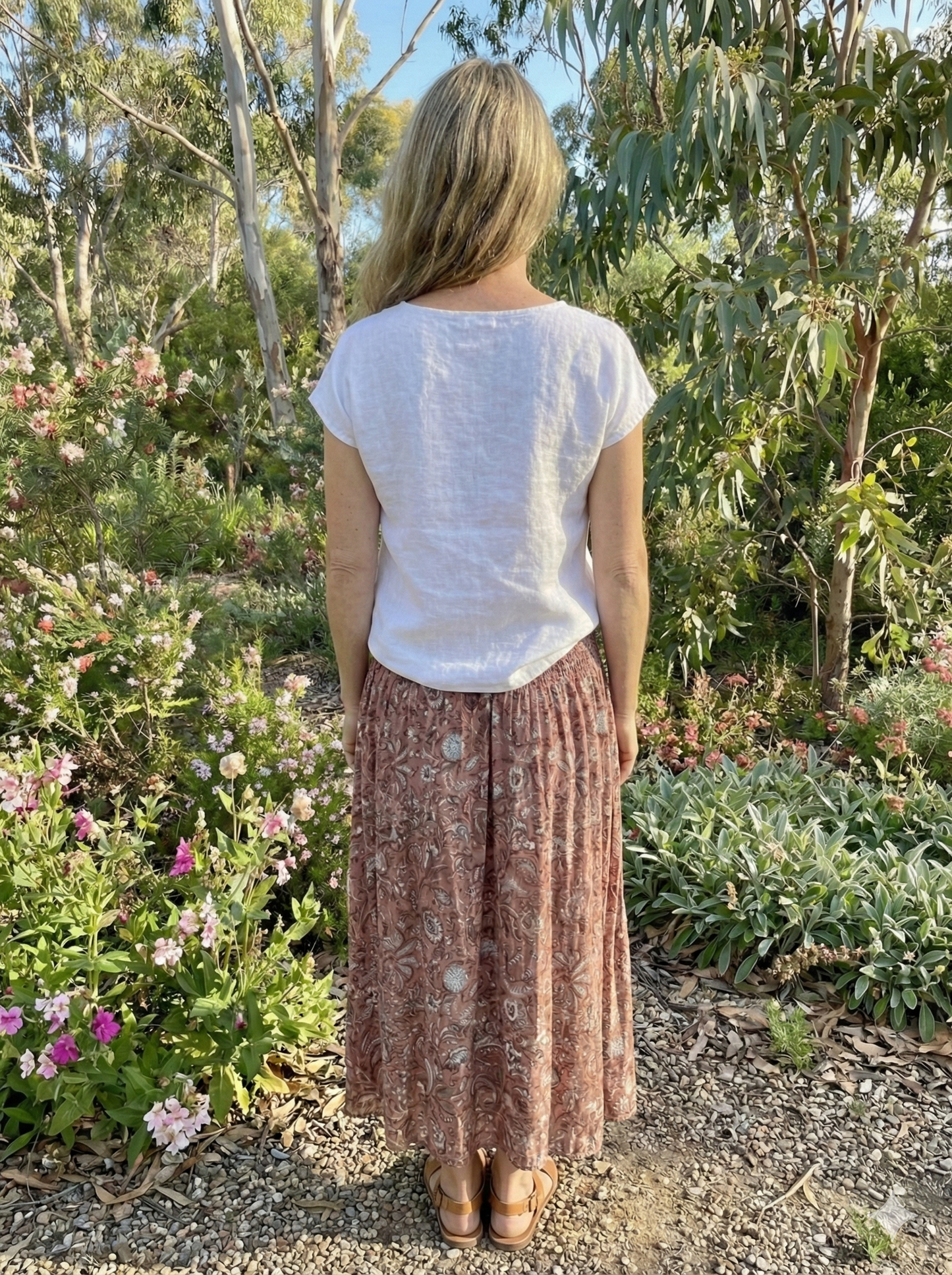 Brown Floral Block Print Cotton Smocked Dress – Handcrafted Boho Midi Sundress – Free Shipping