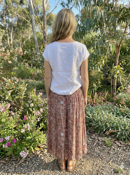 Brown Floral Block Print Cotton Smocked Dress – Handcrafted Boho Midi Sundress – Free Shipping