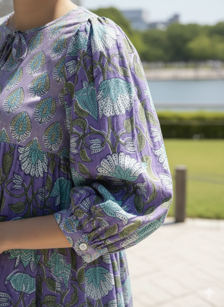 Lavender Purple Floral Hand Block Printed Cotton Mini Dress – Puff Sleeve Boho Indian Dress