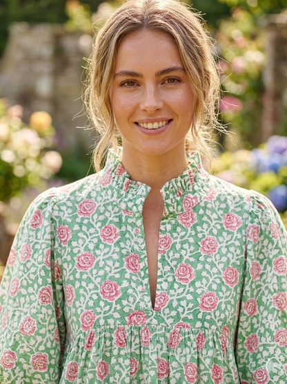 Green Coral Floral Hand Block Print Cotton Maxi Dress – Boho Puff Sleeve Tiered Summer