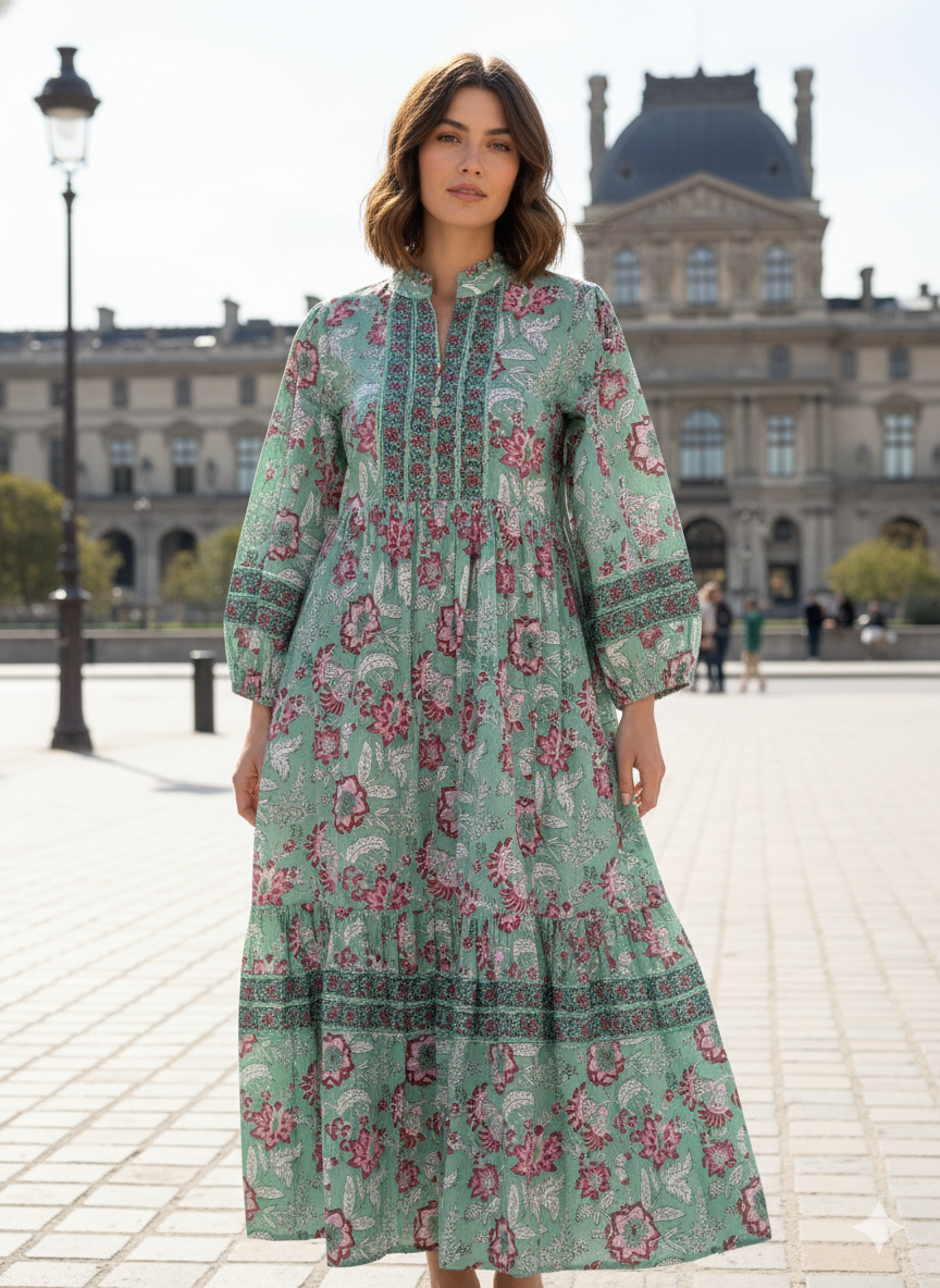 Sage Green Pink Floral Hand Block Printed Cotton Maxi Dress – Boho Tiered Long Sleeve Indian Dress