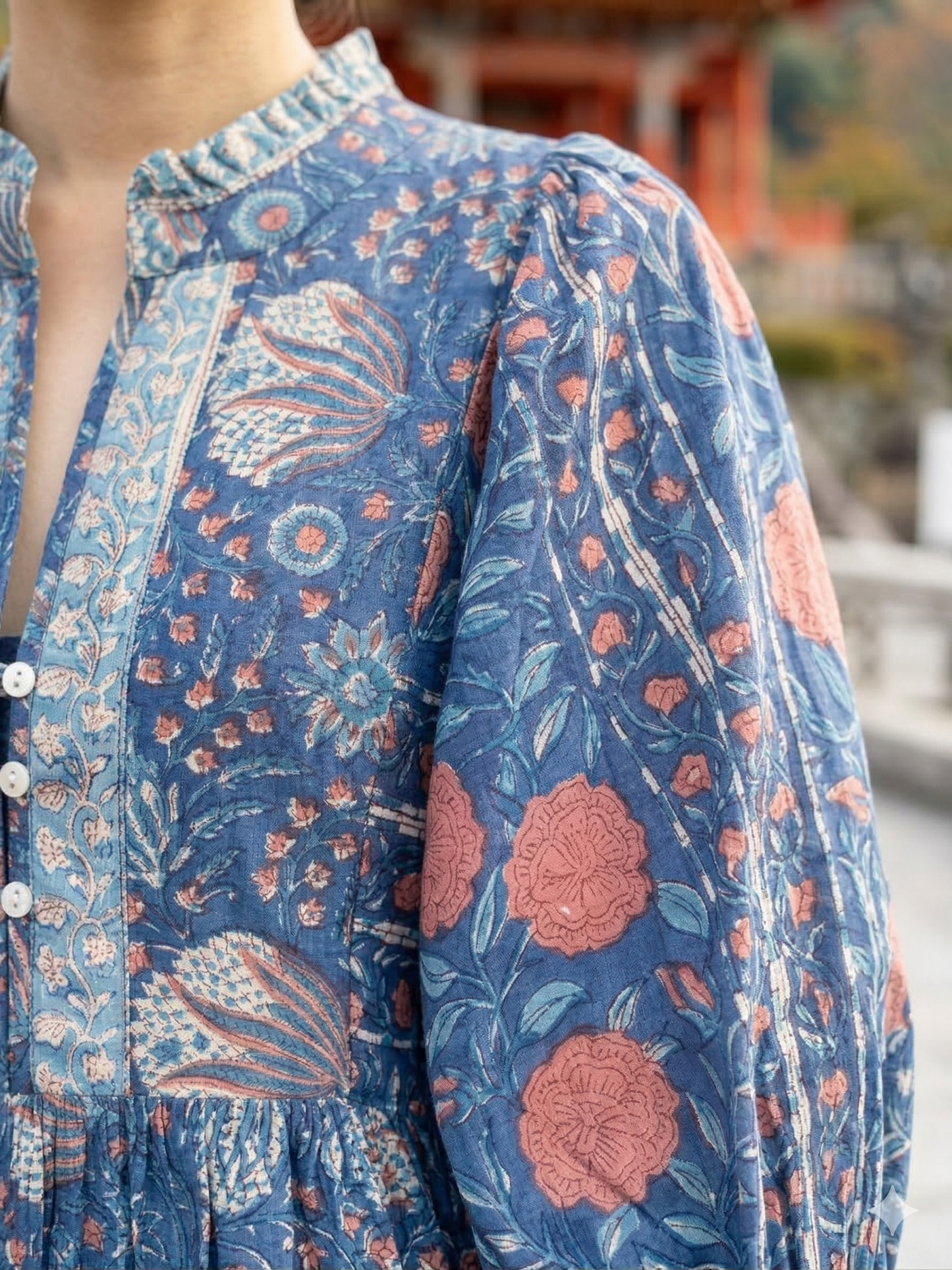 Blue Floral Hand Block Print Cotton Maxi Dress – Indian Boho Tiered Dress with Puff Sleeves