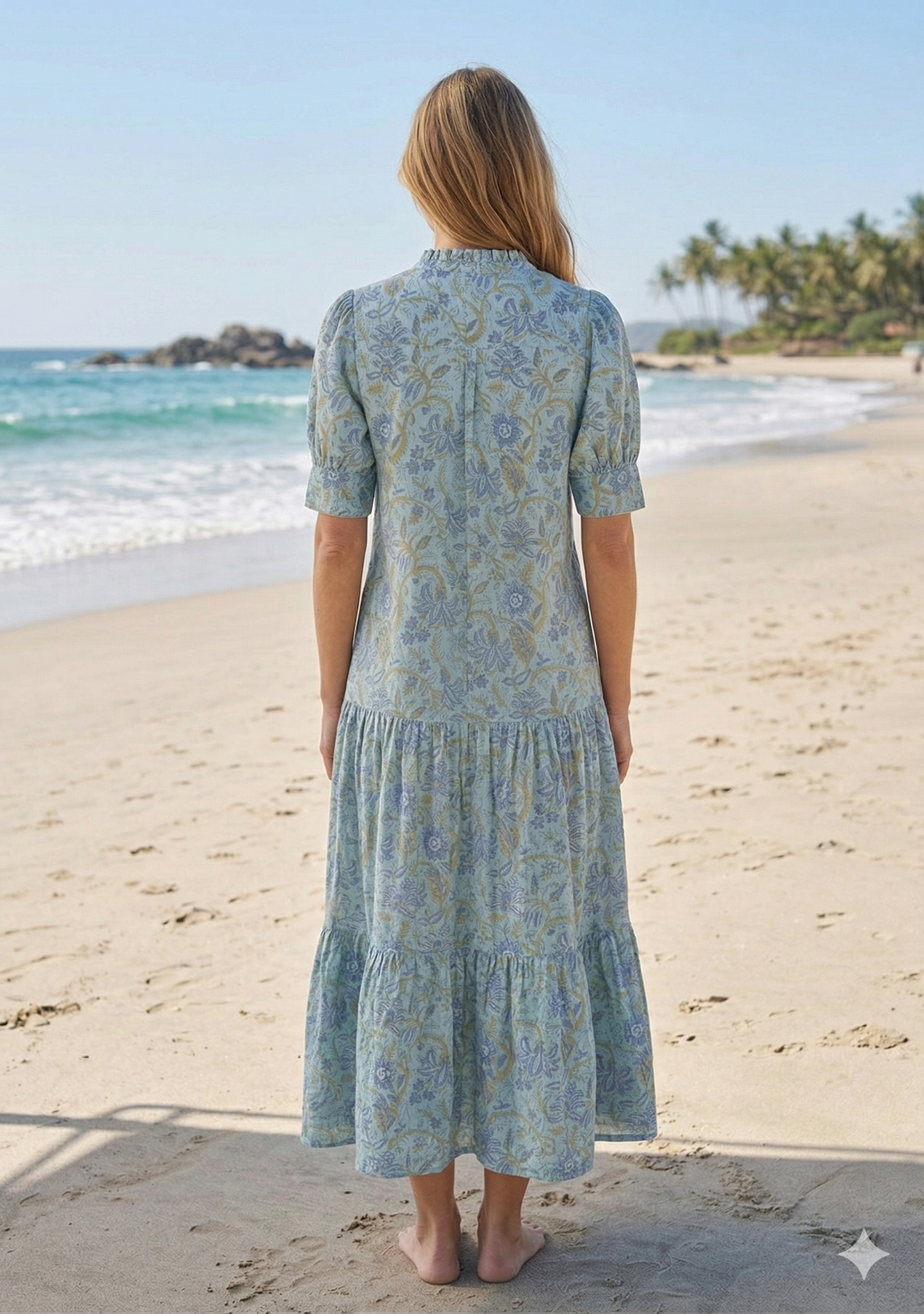 Sage Blue Floral Hand Block Print Cotton Maxi Dress – Boho Summer Dress with Puff Sleeves