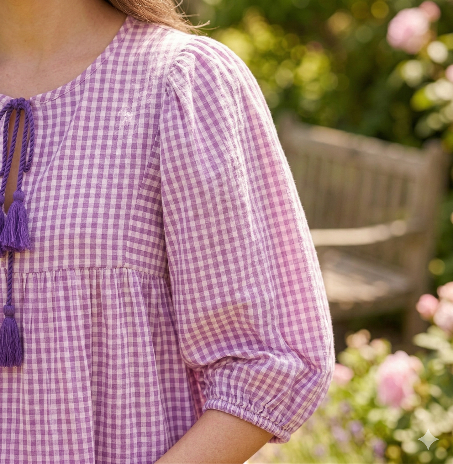 Lavender Gingham Cotton Mini Dress – Boho Tiered Puff Sleeve Tassel Tie Neck