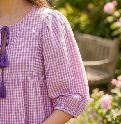 Lavender Gingham Cotton Mini Dress – Boho Tiered Puff Sleeve Tassel Tie Neck