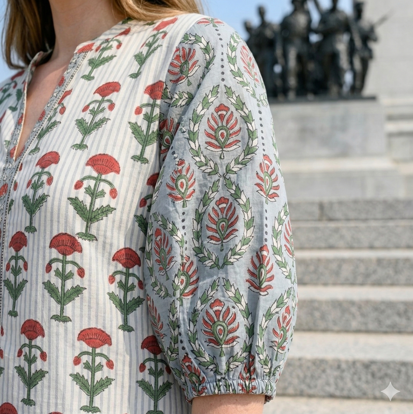 Sage Green Hand Block Print Cotton Maxi Dress – Boho Tiered V Neck Puff Sleeve