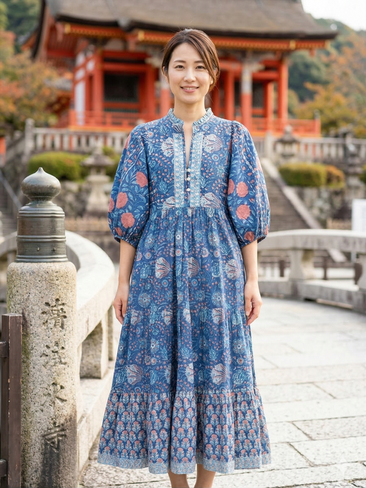 Blue Floral Hand Block Print Cotton Maxi Dress – Indian Boho Tiered Dress with Puff Sleeves