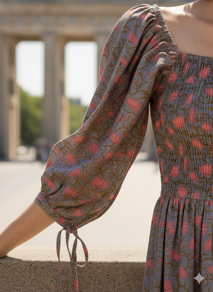 Grey Floral Hand Block Printed Cotton Midi Dress – Smocked Bodice Puff Sleeve Boho Dress