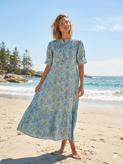 Sage Blue Floral Hand Block Print Cotton Maxi Dress – Boho Summer Dress with Puff Sleeves