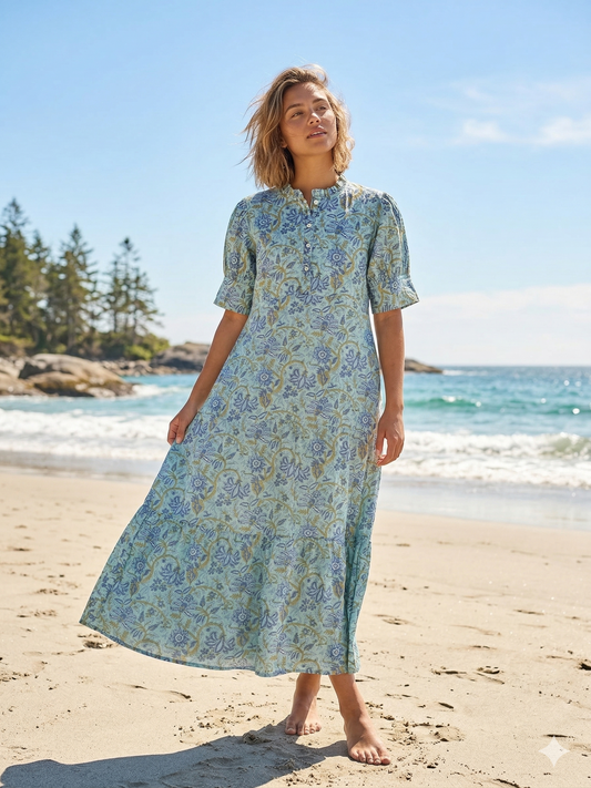 Sage Blue Floral Hand Block Print Cotton Maxi Dress – Boho Summer Dress with Puff Sleeves