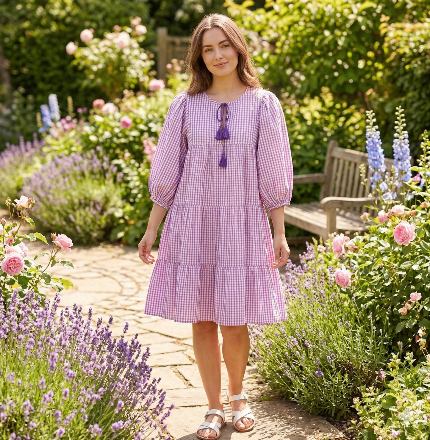 Lavender Gingham Cotton Mini Dress – Boho Tiered Puff Sleeve Tassel Tie Neck