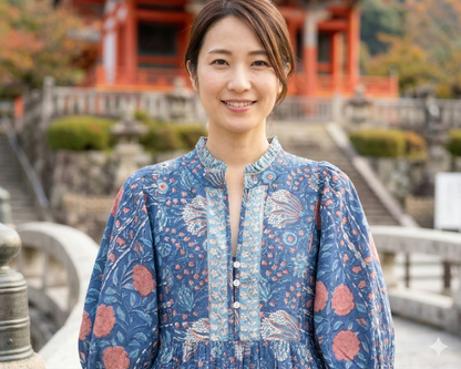 Blue Floral Hand Block Print Cotton Maxi Dress – Indian Boho Tiered Dress with Puff Sleeves