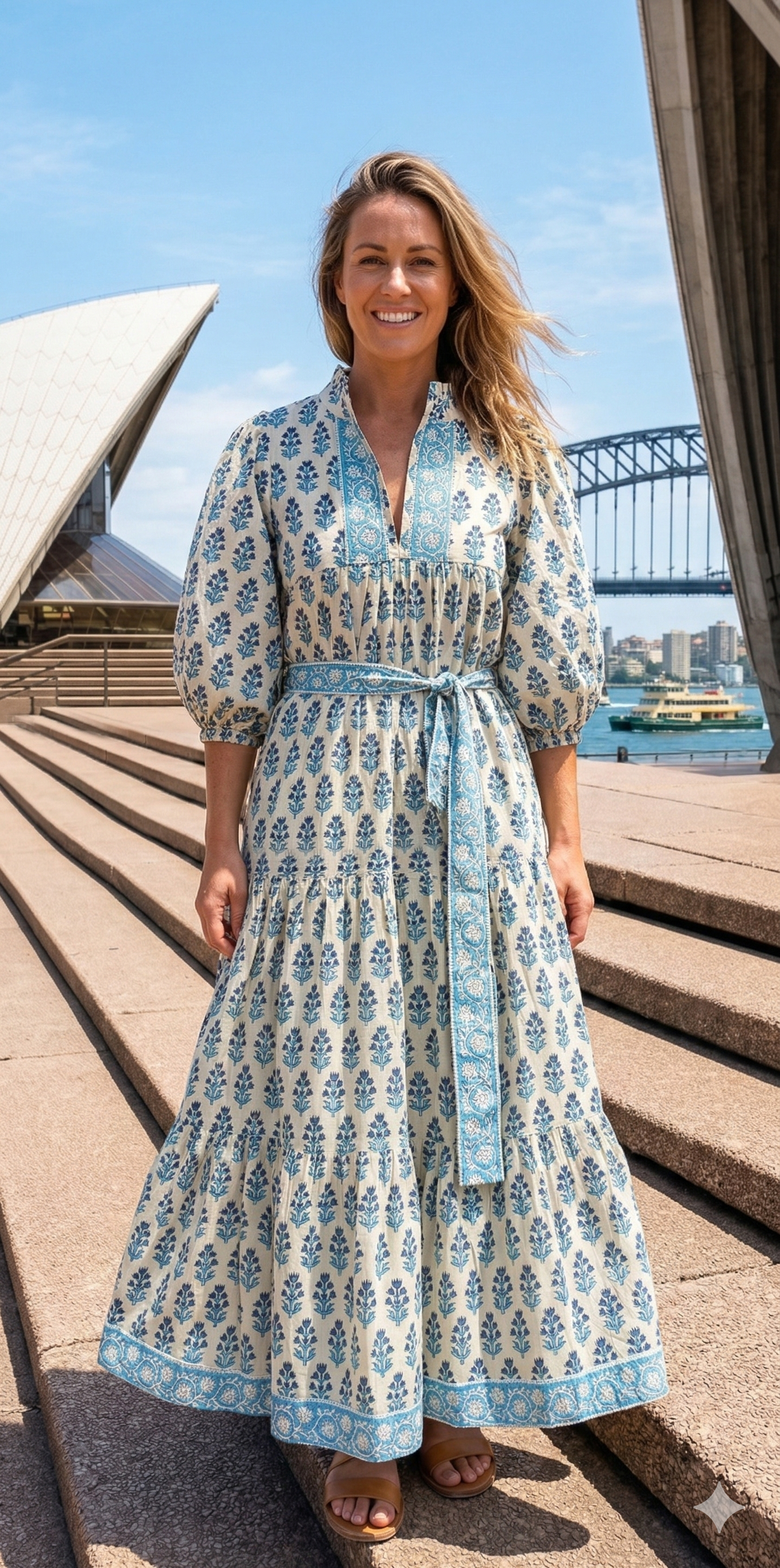 Cream Teal Floral Hand Block Print Cotton Maxi Dress – Boho Puff Sleeve Tiered Summer Dress